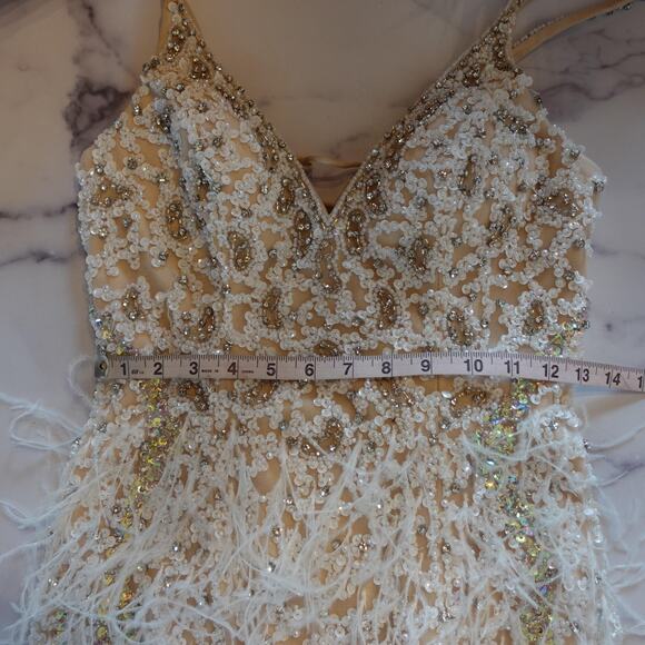 Vintage Y2K Dress 6 Nude Cocktail Party Sequin Beaded Feather Lace Up Back Mini - Picture 12 of 16
